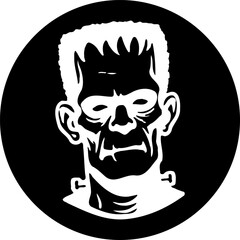 Stylized monochrome illustration of a monster face within a black circle backdrop