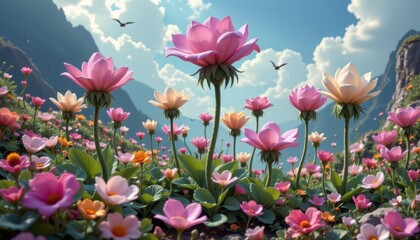 Fototapeta premium Fantasy Flora Uniquely shaped flowers resembling mythical creatures, thriving in a dreamy, surreal landscape.