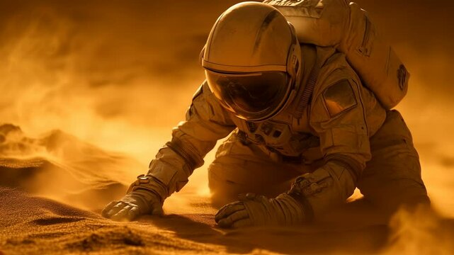 An Astronaut Faces Intense Struggles Within a Dust Storm on a Mysterious Alien Planet During an Adventure