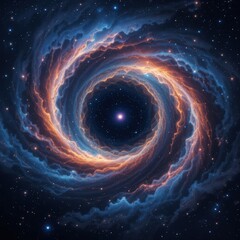 A mesmerizing black hole sits at the heart of a vibrant orange nebula, surrounded by swirling clouds of gas and dust, illuminated by distant stars, creating a stunning cosmic scene.