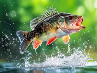 Champion Angler's Prize Freshwater Perch Breaking Water Surface with Dramatic Splash Against Emerald Background
