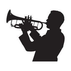 Man with trumpet silhouette Trumpeter Musician plays the trumpet jazz Silhouette trumpeter white Background © shahariea