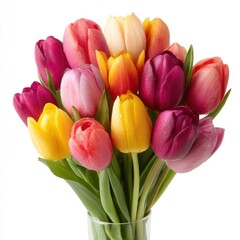 Fototapeta premium Bouquet of colorful tulips in a vase against isolated on white background