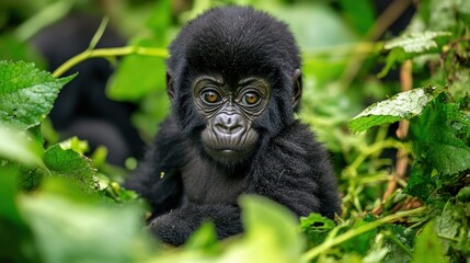 Obraz premium A captivating close-up of a baby gorilla peering through lush green foliage, its expressive eyes drawing the viewer in