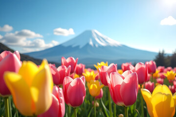 Beautiful landscape of tulip flowers with background of Mount Fuji during spring