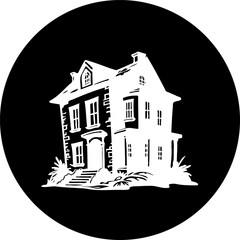 Monochrome depiction of a stylized residential building set against a dark backdrop