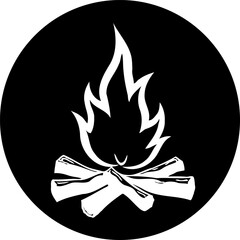 Stylized campfire illustration on a black background evoking outdoor warmth