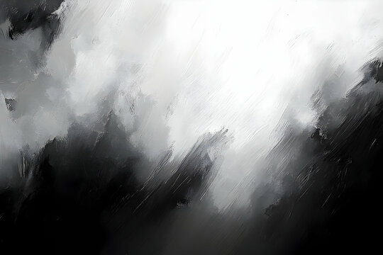 A grayscale abstract painting of layered, textured forms.