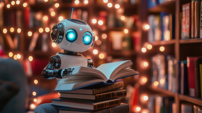 AI  robot reads a book in a library setting, machine learning