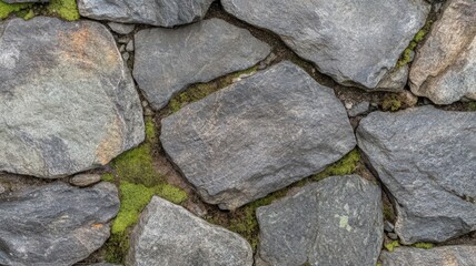 Close Up View of a Stone Wall Interspersed with Green Moss Showcasing Natural Textures and Earthy Tones Emphasizing Contrast and Harmony between Rock and Plant Life