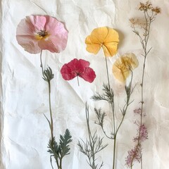 A beautiful arrangement of dried flowers on crumpled paper, featuring vibrant colors and delicate textures.