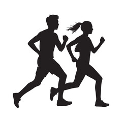 Running man and woman young athletes run in a race young couple running silhouette white Background