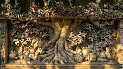 Carved stone relief depicting a tree with roots and foliage in sunlight.