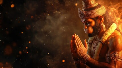 Hanuman Praying with Hands Folded Against a Warm Bokeh Background