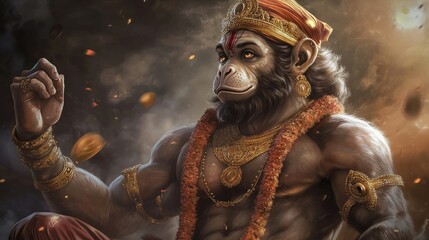 Hanuman Seated Spiritual Figure with Gold Jewelry and Orange Garland