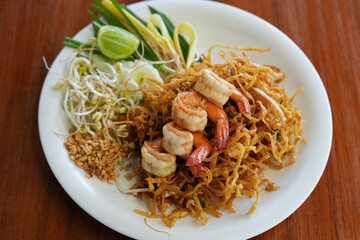 Pad thai, Stir fried noodle with shrimp, Famous thai food menu. 
