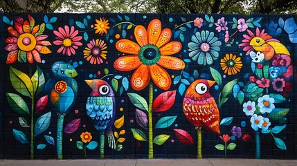 Fototapeta premium A stunning mural depicting vibrant flowers and birds. The artwork is full of life and color, creating a joyful and vibrant scene. Vibrant Floral and Avian Mural: A Symphony of Colors