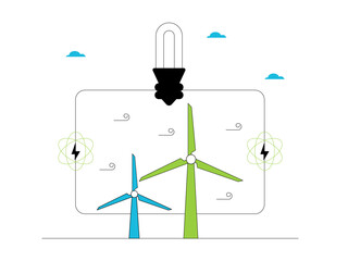 Windmills as power generators can be an alternative energy for daily needs. Green energy illustration. Flat vector illustration concept.