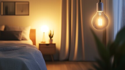 Cozy bedroom ambiance with warm lighting and plant decor.
