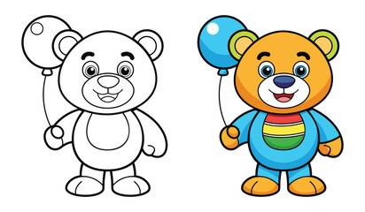 A Cheerful Cute Teddy Bear Holding A Balloon Coloring Page and Illustration - Printable Outline and Fully Colored Version For Preschool Learning Worksheet Drawing.