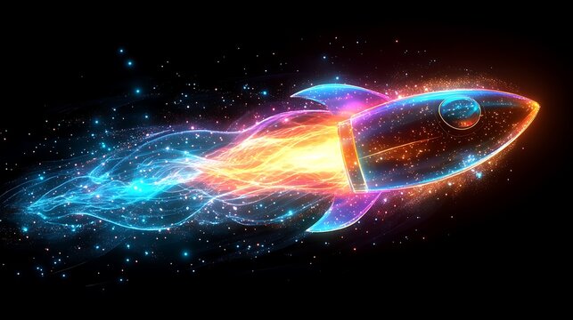A Rocket's Grand Launch: A dynamic rocket streaks through the void, its vibrant contrails of light marking a grand and triumphant launch with energetic momentum. 