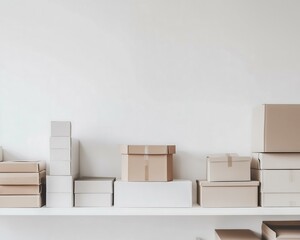 Neatly arranged boxes on a shelf in a modern workspace.