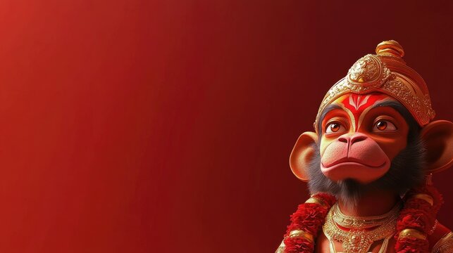 Hanuman Illustration Wearing Ornamentation Against Red Backdrop in a Studio Shot