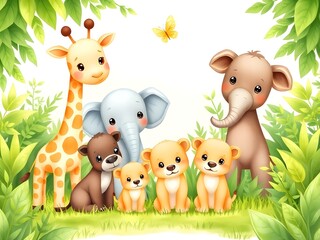 Naklejka premium Peaceful Jungle Scene with Baby Animals – Cute Wildlife Illustration for Children’s Decor