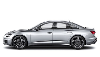 Side view of a silver color car, in silver color on a white background