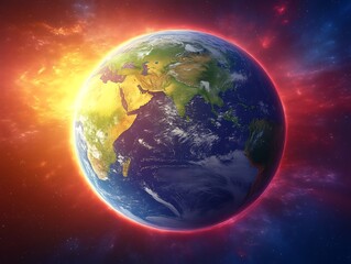 Earth in Cosmic Radiance: A mesmerizing image of Earth bathed in a vibrant celestial glow, symbolizing our planet's place in the cosmos and the beauty of our shared home.