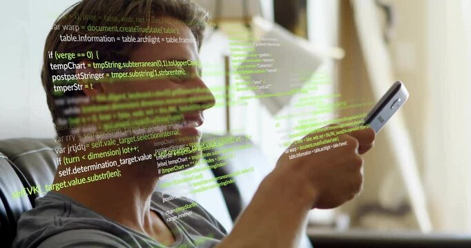 Using smartphone, man with green coding animation overlaying his profile