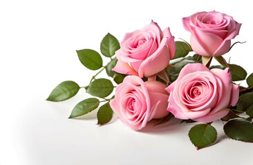 Pink Rose Flowers Corner Floral Arrangement Isolated White Background,Pink rose flowers and green leaves in a floral corner