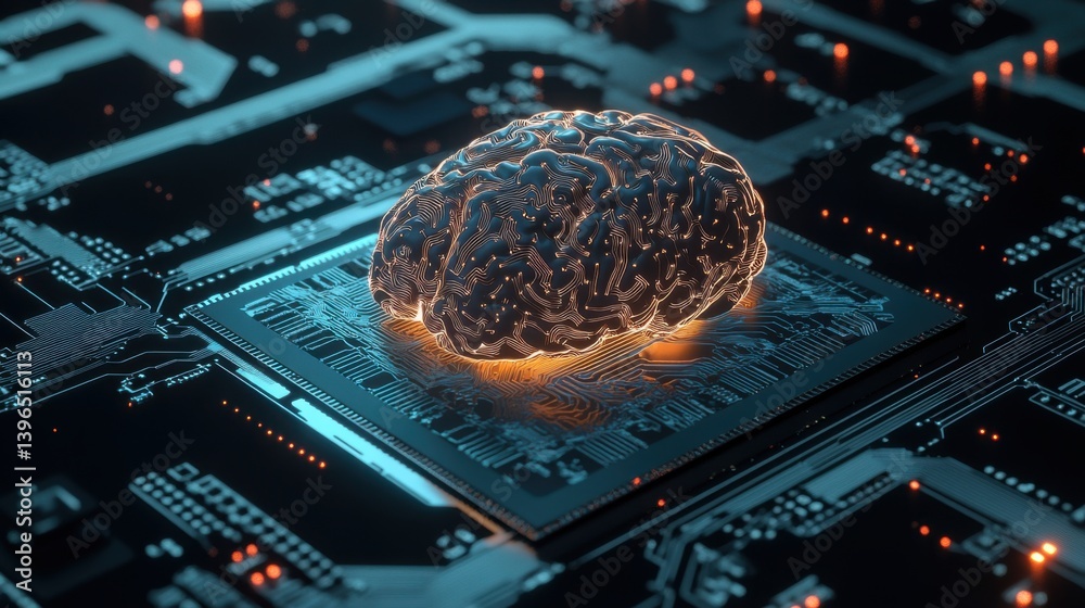 Poster a digital brain illuminated on a circuit board, symbolizing the intersection of technology and artif
