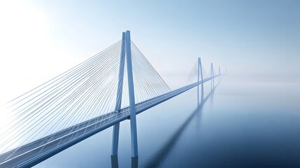 Fototapeta premium Long cable-stayed bridge spans over water under a bright sky.