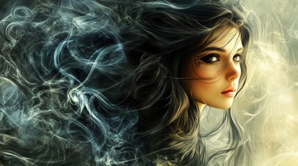 Fototapeta premium A mystical portrait of a woman with flowing hair, surrounded by ethereal smoke, evoking a dreamlike and enchanting atmosphere.