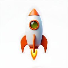 A 3D rendered cartoon rocket ship positioned centrally against a pure white background. 