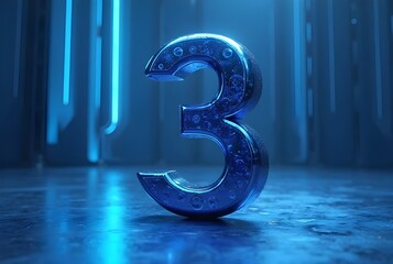 Stylized blue metallic number three reflecting third place or ranking in a visually striking presentation.