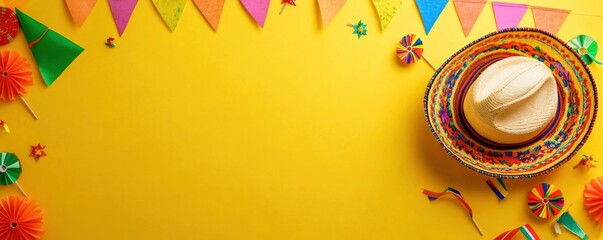 Obraz premium Festive Party with Colorful Hat and Decorations on Yellow Background