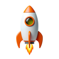 A 3D rendered cartoon rocket ship positioned centrally against a pure transparent background. 