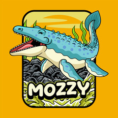 Cute mosasaurus Aquatic Dinosaur Character Mascot in Vector Cartoon Illustration Design for kid, sticker, badge, patch, banner, greeting card