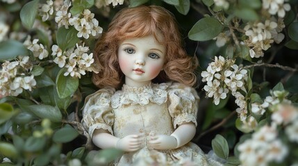 Fototapeta premium Doll with red hair in a dress surrounded by white flowers and green leaves.