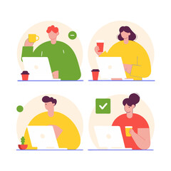 People working at the computer. Men and women with laptop - freelance, online training