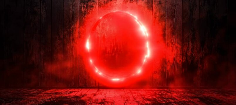 Mystery rounded mirror portal to dark dimension with red aura energy. Horror creepy haunted background. Generative video AI technology.	
