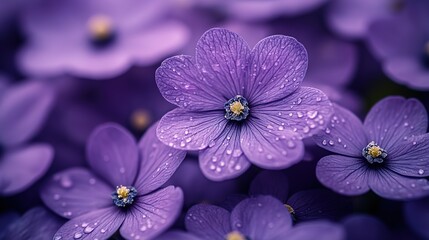 Obraz premium Detailed close-up capturing of purple blossoms adorned with water droplets