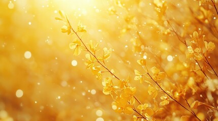 Delicate Spring Blossoms with Golden Afternoon Light Bokeh Panorama, Cherry Tree Branches with Emerging Yellow Flowers in Soft Focus, Seasonal Awakening with Text Space