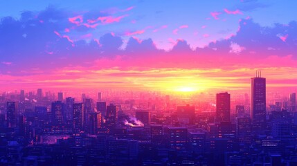 Obraz premium A vibrant city skyline at sunset, showcasing colorful skies and towering buildings, creating a stunning urban landscape.