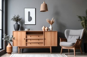 Stylish Living Room Gray Armchair Wooden,Creative composition of living room interior with mock up poster frame