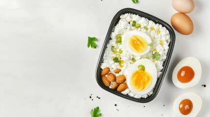 Healthy protein snack: hard-boiled eggs, almonds, and cottage cheese on a white surface for breakfast.