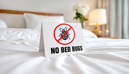 No Bed Bugs Warning Sign on Comfortable Hotel Bed  