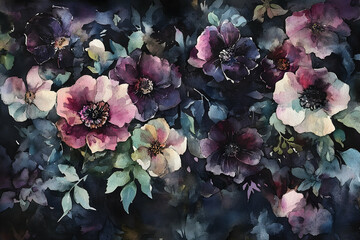 A watercolor painting of a dark and moody floral arrangement.